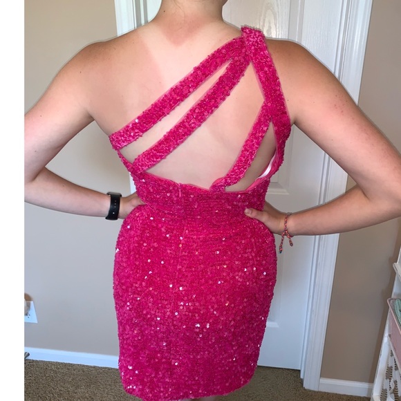 Fuscia Asymmetrical One Shoulder Sequin Cocktail Dress - Picture 5 of 5
